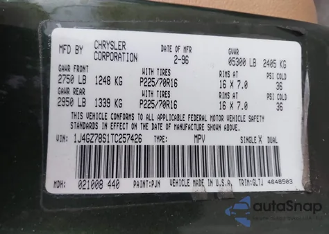 1996 Jeep Grand Cherokee Limited z USA, uszkodzony, nr VIN 1J4GZ78S1TC257426